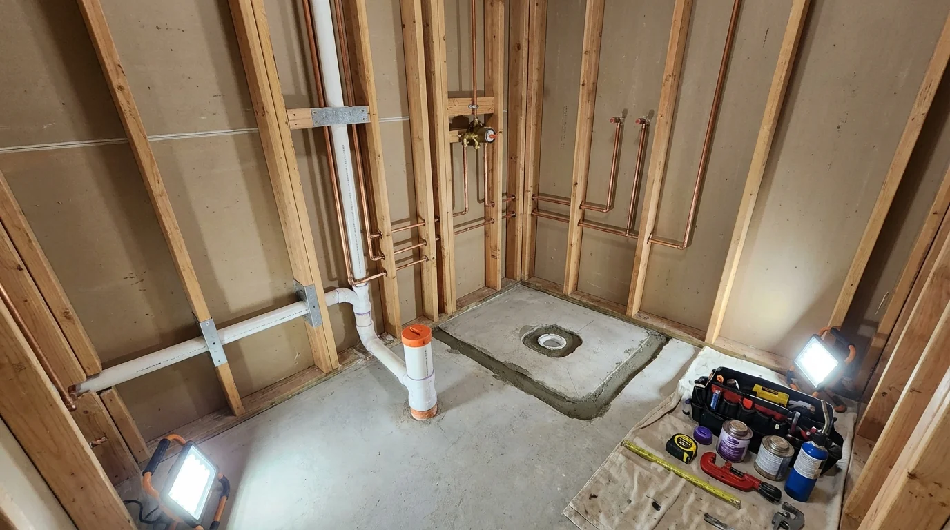 Bathroom rough-in plumbing during remodel by Johns Plumbing LLC in Burtonsville