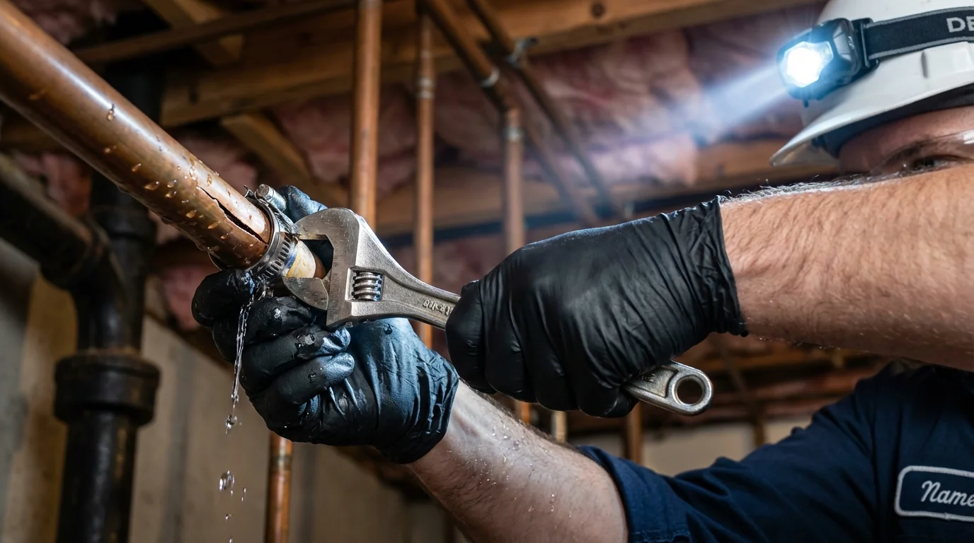 Emergency pipe clamp repair being performed by a Johns Plumbing LLC plumber in Burtonsville