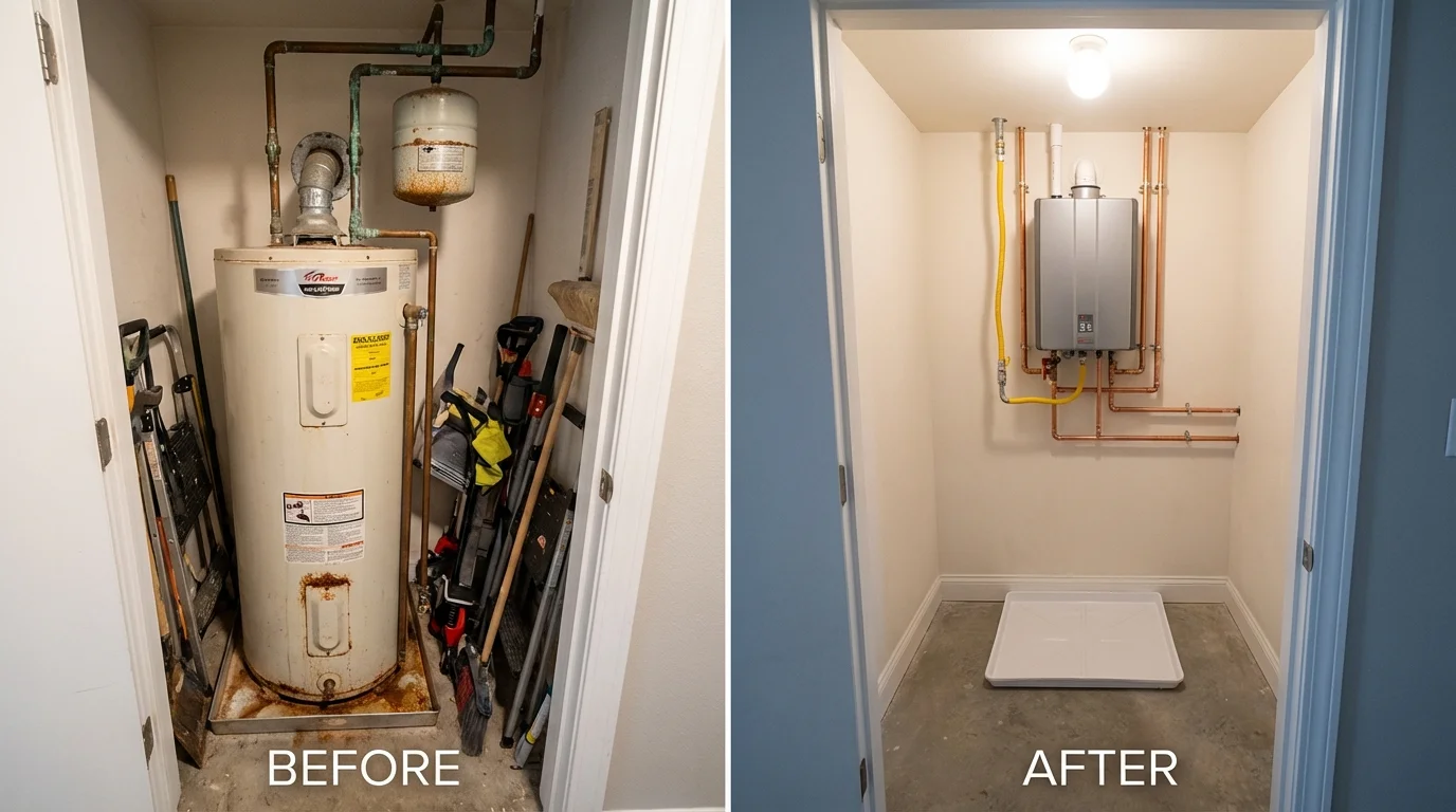 Tank water heater versus wall-mounted tankless unit comparison for Burtonsville, MD homeowners