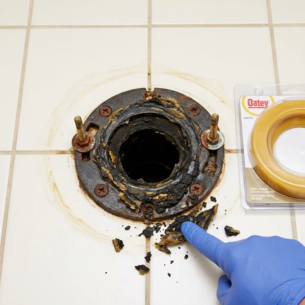 Failed wax ring showing water seepage at the base of a toilet in a Burtonsville, MD home