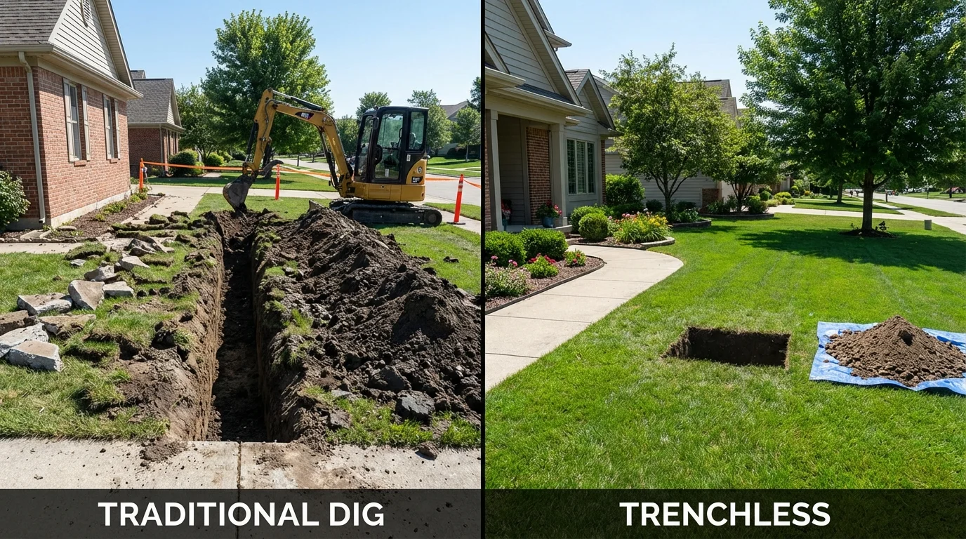 Trenchless sewer repair with minimal yard damage versus traditional excavation in Burtonsville, MD