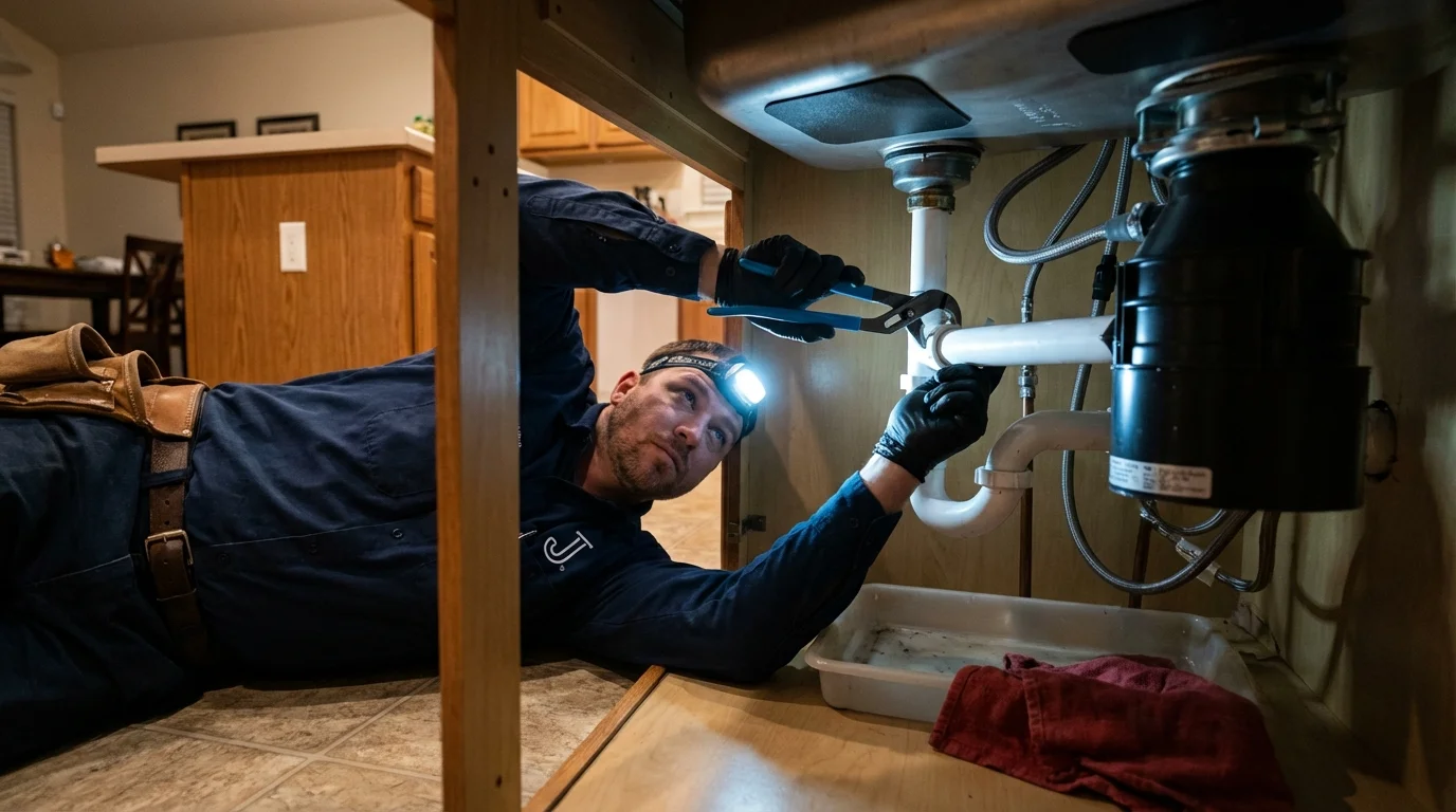 P-trap and supply line connections under a kitchen sink showing a common leak point in Burtonsville, MD